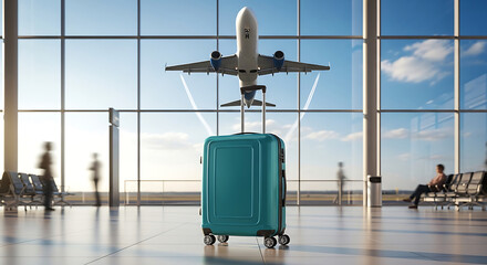 Teal suitcase with airplane flying overhead in bright airport terminal aircraft travel