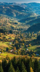 A verdant mountain valley dotted with small homes and a winding road
