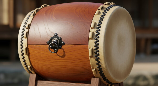 Traditional Japanese drum on wooden stand