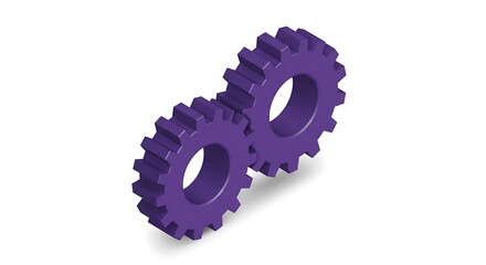 Two purple gears meshing together isolated on white background