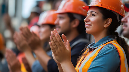 Construction Crew's Applause: A group of construction workers, clad in safety gear, share an authentic moment of appreciation, clapping in unison to celebrate a job well done. 