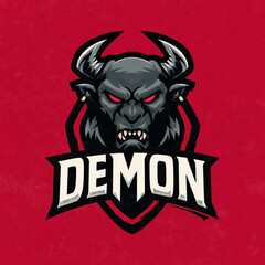 Demon head logo concept graphic design. Demon badge for t-shirt design. Demon inscription. Digital illustration. AI artwork.