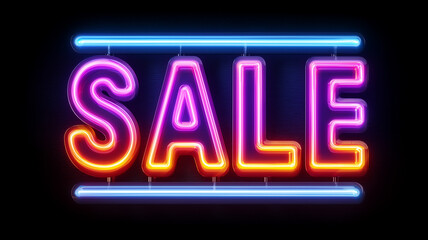 Sale concept banner design. Bright neon letters on a dark background. Vintage style. Advertising promotion horizontal layout. Digital artwork raster bitmap. AI artwork.