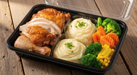 Delicious Thanksgiving Meal Served In Black Disposable Container