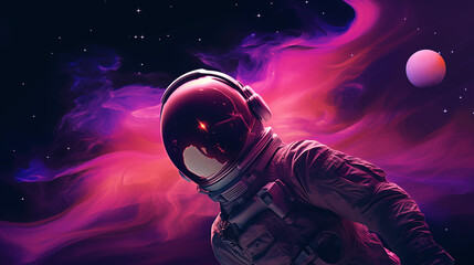 Astronaut in space fantastic poster background. Purple bright colors. AI artwork.