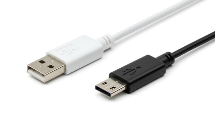 Two usb cables one white one black isolated on white background