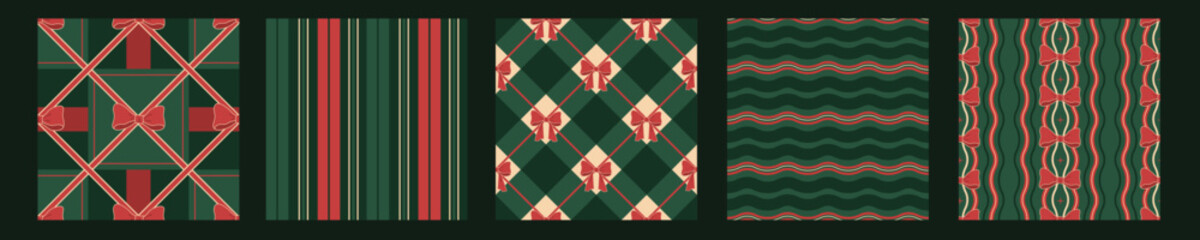 Fototapeta premium Seamless Christmas, New Year pattern. Holiday design. Scallop waves, stripes, bows. Endless repeat Christmas background, wallpaper. Retro, vintage style. Seamless wallpaper.