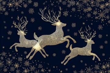 A Magical Winter Scene Featuring Gleaming Reindeer Amidst a Falling Snowflake Shower, Capturing the Spirit of the Holidays with Glittering Highlights