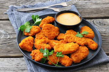 breaded chicken breast chunks with dipping sauce