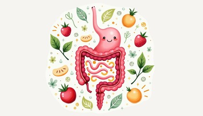 Illustration of happy smiling digestive system character, surrounded by healthy food like greens and vegetables and fruit, healthy stomach and plant-based diet concept