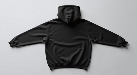 Black hooded sweatshirt laid flat, showcasing its casual and comfortable design