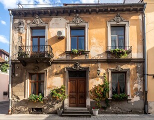 Fototapeta premium Two-story vintage building with architectural details and flower boxes