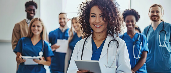 Confident young female doctor holding a digital tablet with a stethoscope on her shoulders, standing in front of a diverse group of smiling medical professionals in a modern hospital hallway.
