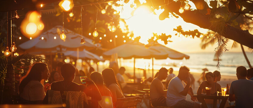 Group of people relaxing and chatting at an open-air beach cafe during sunset. Warm golden light, hanging lamps, and relaxed atmosphere create a cozy summer vacation vibe. - Powered by Adobe