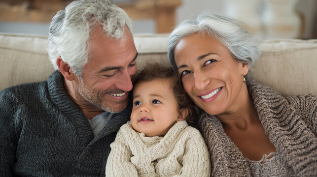 Portrait of hispanic grandparents smiling with young grandchild. Heartwarming expression of love, cultural heritage, and generational connection in family setting. National grandparents day.