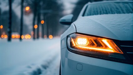 Closeup of a car headlight in winter with snow and street lights