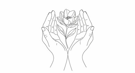 Fototapeta premium Nurturing Blooms: Delicate hands tenderly cradle a blossoming flower, symbolizing care, growth, and the beauty of nature's embrace in a minimalist illustration.