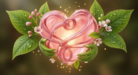 Love's Embrace: An artistic rendering of a glowing heart, held gently by two green hands, adorned with delicate leaves and blossoms, set against a softly blurred background.