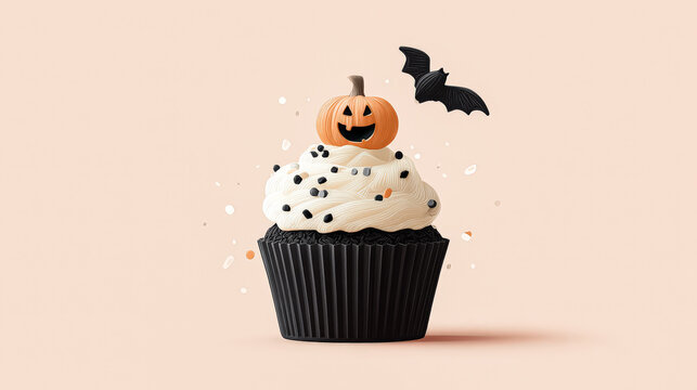 Halloween-themed cupcake with pumpkin decoration and bat accents for festive celebrations