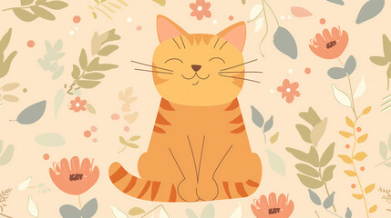 Fototapeta premium Flat Design Ginger Cat and Soft Floral Pattern