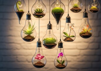 Hanging light bulbs with plants inside creating a terrarium display
