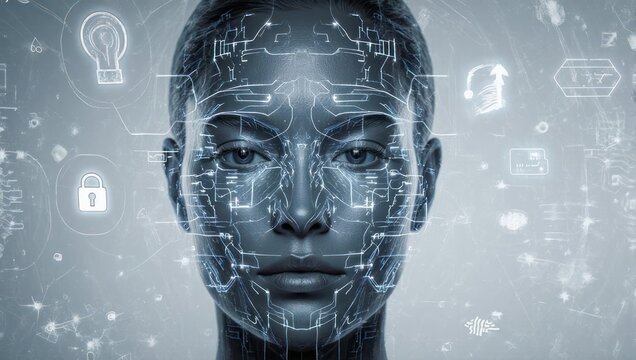 A digital portrait of a human face overlaid with circuit board patterns and interface symbols