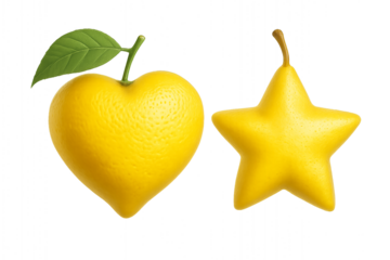 Yellow fruits shaped as heart and star isolated on transparent background, lemon shaped like a heart with a green leaf and a pear shaped like a star