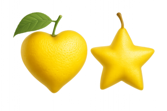 Yellow fruits shaped as heart and star isolated on transparent background, lemon shaped like a heart with a green leaf and a pear shaped like a star