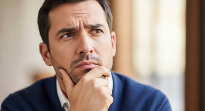 Man deep in thought with hand on chin