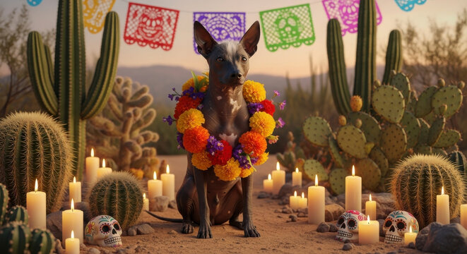 Xoloitzcuintli Dog Decorated for Day of the Dead Celebration Outdoors
