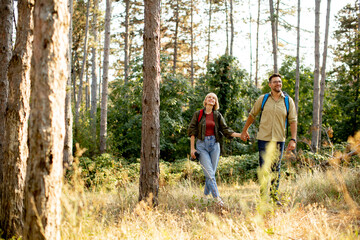 Couple enjoys a peaceful hike through a lush forest during golden hour