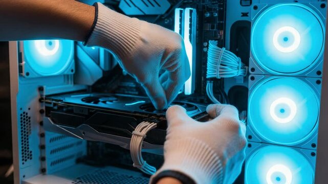 Closeup of hands wearing white gloves installing a graphics card into a computer case glowing blue fans