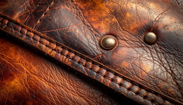 Closeup of distressed brown leather texture with stitching and brass studs.