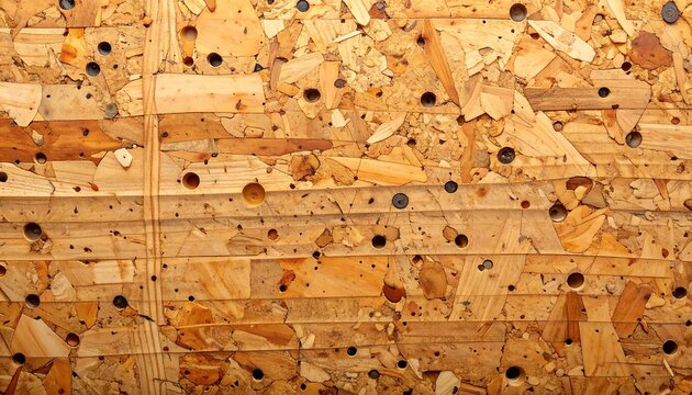 Closeup of a textured wooden surface with many small holes creating an abstract pattern.