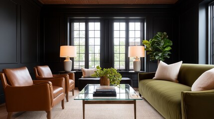 Fototapeta premium Elegant sitting area featuring stylish leather chairs, a plush green sofa, and decorative plants, illuminated by soft lighting, creating a moody and inviting atmosphere for relaxation