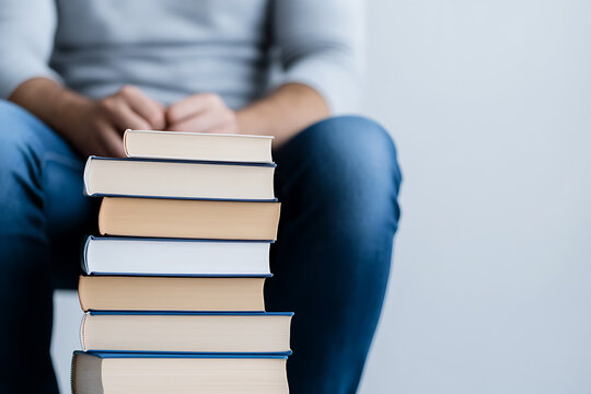 Stack of books in front of a person in casual clothing. Education and knowledge concept with focus on reading materials and literature.
