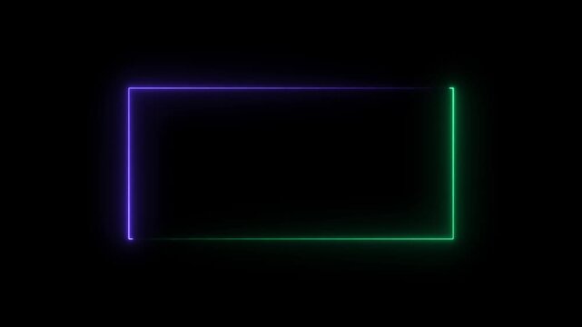 Glowing neon square frame animation. luminous banner animation. green and violet color neon box icon. neon glowing frame. empty neon box, empty neon frame on black background.