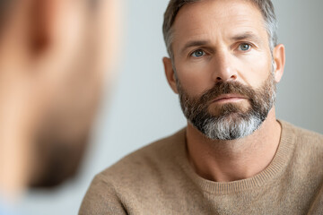 Obraz premium Contemplative man with salt and pepper beard. Portrait with soft focus, indoor setting. Neutral background and earth tone clothing.