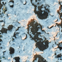 Snow-dusted soil patterns with sunlit crevices in a natural landscape.