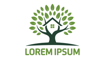 Green tree house logo symbolizing growth stability and home protection nature inspired real estate