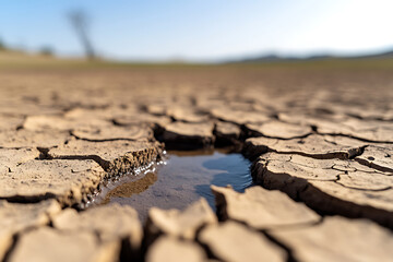 Obraz premium Cracked earth frames a small pool of water in a parched landscape, symbolizing drought and resilience. Earth toned landscape with a lone tree.