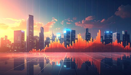 City skyline with abstract overlay, sunrise. Reflective foreground. Warm and cool tones