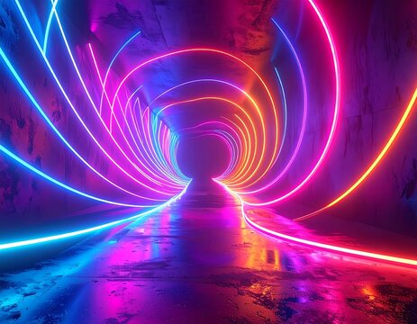 Futuristic tunnel with vibrant neon lights spiraling inwards