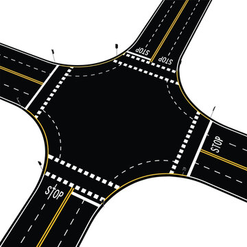 Aerial view of a four way intersection with stop signs and crosswalks isolated on white background, a complex road junction
