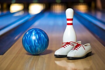 Bowling ball, pin, and shoes on a bowling lane ready for a game