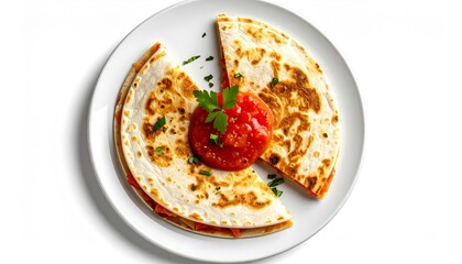 A plate showcases two folded, golden-brown flatbreads with red salsa and parsley