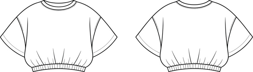 Cropped top fashion sketch, front and back view, short sleeve, gathered hem, casual wear, garment design, vector illustration