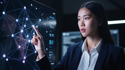 Female data scientist analyzing a neural network visualization on a large screen - Powered by Adobe