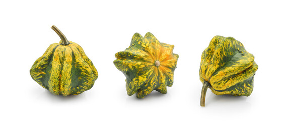 Small star shaped decorative pumpkin isolated set on white background. Natural autumn home decor.