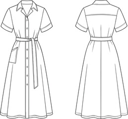Shirt dress fashion illustration, collared neckline, short sleeves, belted waist, flared midi skirt, patch pocket, front back view, garment sketch © MstParul